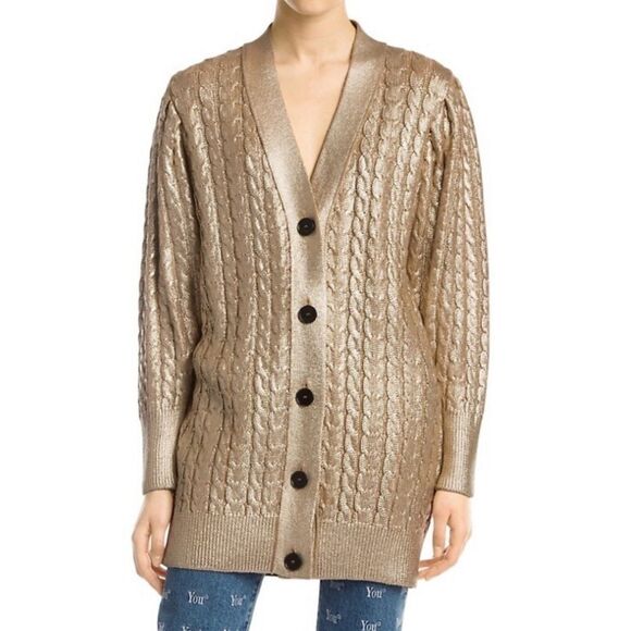 MSGM Metallic Gold Wool Blend Cable Knit Long Oversized Luxury Cardigan